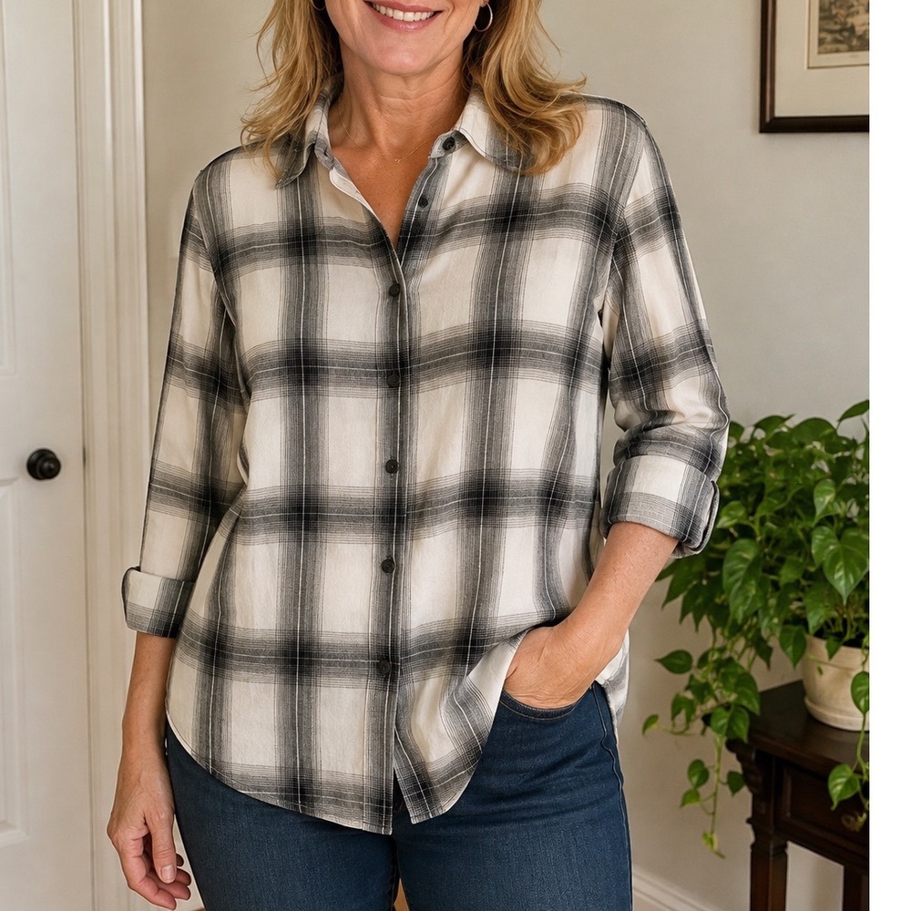 Calvin Klein Womens Black White Plaid Button Down Shirt Medium